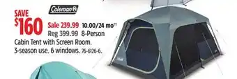 Canadian Tire coleman Cabin Tent with Screen Room. 3-season use. 6 windows offer