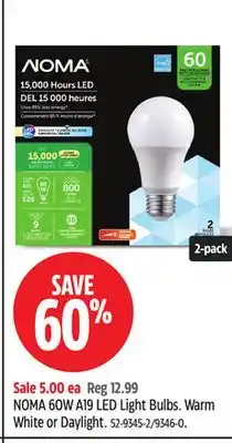 Canadian Tire NOMA 60W A19 LED Light Bulbs Warm White or Daylight offer