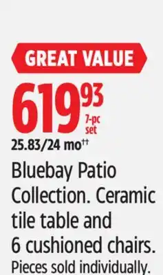Canadian Tire Bluebay Patio Collection. Ceramic tile table and 6 cushioned chairs offer