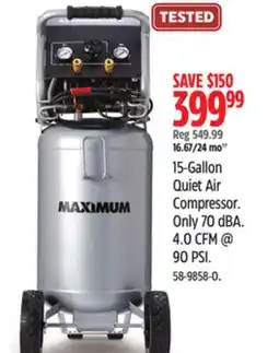 Canadian Tire MAXIMUM 15-Gallon Quiet Air Compressor. Only 70 dBA. 4.0 CFM @ 90 PSI offer