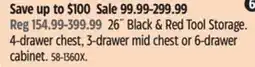 Canadian Tire Mastercraft 26 black & red tool storage. 4-drawer chest, 3- drawer mid chest or 6- drawer cabinet offer
