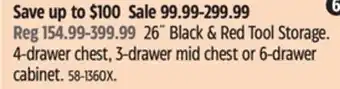 Canadian Tire Mastercraft 26 black & red tool storage. 4-drawer chest, 3- drawer mid chest or 6- drawer cabinet offer