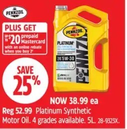 Canadian Tire Pennzoil Platinum Synthetic Motor Oil offer