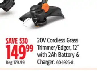 Canadian Tire Worx 20V Cordless Grass Trimmer/Edger, 12 with 2Ah Battery & Charger offer