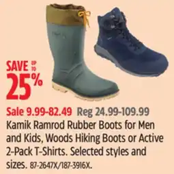 Canadian Tire Kamik Ramrod Rubber Boots for Men and Kids, Woods Hiking Boots or Active 2-Pack T-Shirts offer