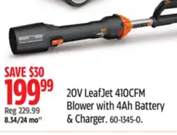 Canadian Tire WORX 20 V Leaf Jet 410 CFM Blower With 4Ah Battery & Charger offer