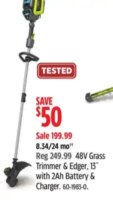 Canadian Tire Yardworks 48V Grass Trimmer & Edger, 2Ah Battery offer