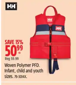 Canadian Tire Woven Polymer PFD. Infant, child and youth sizes offer