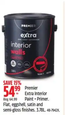 Canadian Tire Premier Extra Interior Paint + Primer. Flat, eggshell, satin and semi-gloss finishes offer