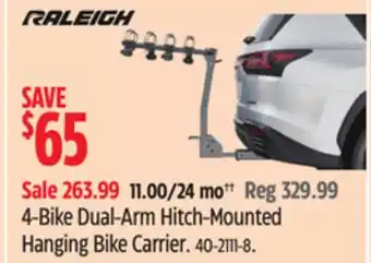 Canadian Tire Raleigh 4-Bike Dual-Arm Hitch-Mounted Hanging Bike Carrier offer