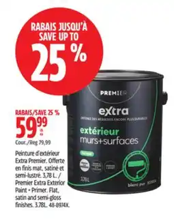 Canadian Tire Premier Extra Exterior Paint + Primer. Flat, satin and semi-gloss finishes offer
