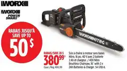 Canadian Tire WORX 40V Nitro Brushless, Chainsaw ,16 WITH 2X 2AH Batteries & Charger offer