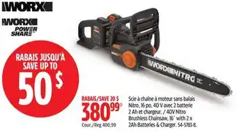 Canadian Tire WORX 40V Nitro Brushless, Chainsaw ,16 WITH 2X 2AH Batteries & Charger offer