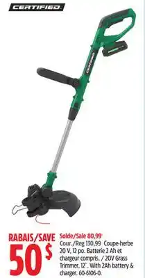 Canadian Tire Certified 20V Cordless Line Grass Trimmer, 12-in With 2 Ah battery & Charger offer
