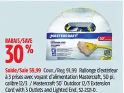 Canadian Tire Mastercraft 50´ Outdoor 12/3 Extension Cord with 3 Outlets and Lighted End offer