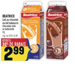 Marché Adonis BEATRICE LAIT AU CHOCOLAT OU LAIT BABEURRE | BEATRICE CHOCOLATE MILK OR BUTTERMILK offer