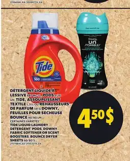Provigo TIDE LIQUID LAUNDRY DETERGENT PODS FABRIC SOFTENER OR SCENT BOUNCE DRYER SHEETS 40/80'S offer