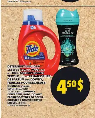 Provigo TIDE LIQUID LAUNDRY DETERGENT PODS FABRIC SOFTENER OR SCENT BOUNCE DRYER SHEETS 40/80'S offer