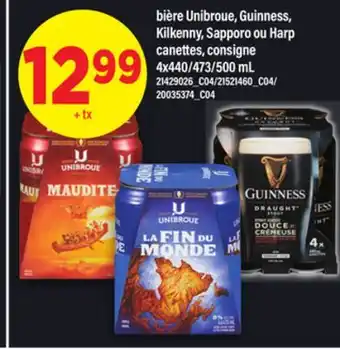 Maxi bière Unibroue, Guinness, Kilkenny, Sapporo ou Harp canettes, consigne, 4x440/473/500 mL offer