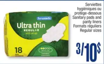 Jean Coutu PERSONNELLE Sanitary pads and panty liners offer