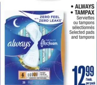 Jean Coutu ALWAYS, TAMPAX Selected pads and tampons offer