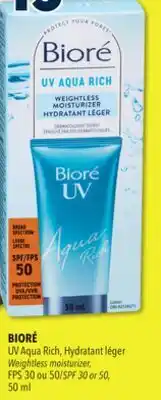 Familiprix BIORÉ, UV Aqua Rich Weightless moisturizer, FPS SPF 30 or 50, 50 ml offer