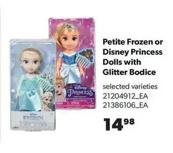 Real Canadian Superstore Petite frozen or disney princess dolls with glitter bodice offer