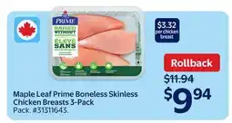 Walmart Maple Leaf Prime Boneless Skinless Chicken Breasts 3-Pack offer