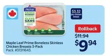 Walmart Maple Leaf Prime Boneless Skinless Chicken Breasts 3-Pack offer
