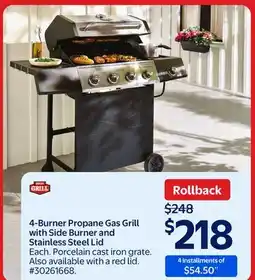 Walmart 4-Burner Propane Gas Grill with Side Burner and Stainless Steel Lid offer