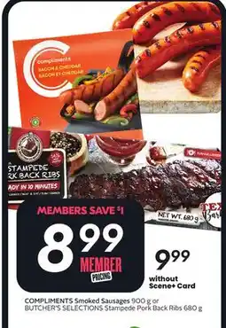 Sobeys COMPLIMENTS Smoked Sausages 900 g or BUTCHER'S SELECTIONS Stampede Pork Back Ribs offer