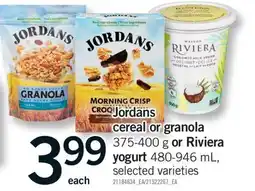 Fortinos JORDANS CEREAL OR GRANOLA 375-400 G OR RIVIERA YOGURT 480-946 ML offer