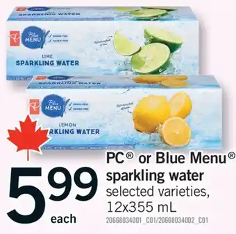 Fortinos PC MENU OR BLUE MENU SPARKLING WATER, 12X355 ML offer