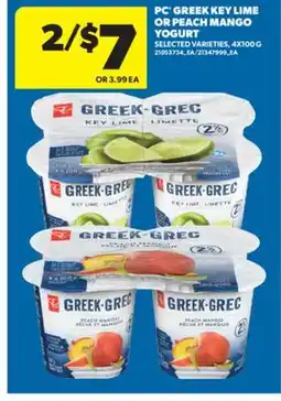 Real Canadian Superstore PC GREEK KEY LIME OR PEACH MANGO YOGURT, 4X100 G offer