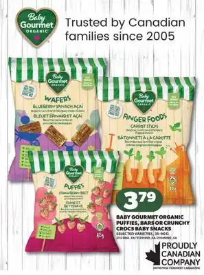 Real Canadian Superstore BABY GOURMET ORGANIC PUFFIES, BARS OR CRUNCHY CROCS BABY SNACKS, 35-90 G offer