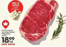 Longo's Castello Blue Cheese Cut from Canada AAA Grade Striploin Grilling Steak offer