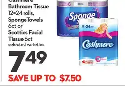 Longo's Cashmere Bathroom Tissue 12 = 24 rolls, SpongeTowels 6ct or Scotties Facial Tissue 6ct offer