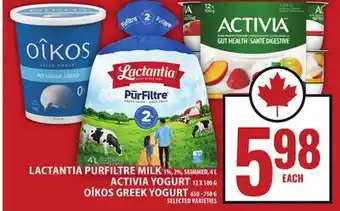Food Basics LACTANTIA PURFILTRE MILK OR ACTIVIA YOGURT OR OÎKOS GREEK YOGURT offer