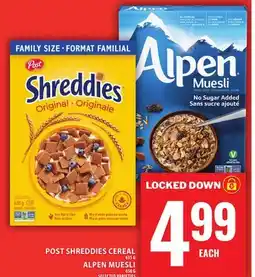 Food Basics POST SHREDDIES CEREAL OR ALPEN MUESLI offer