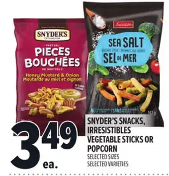 Metro SNYDER'S SNACKS, IRRESISTIBLES VEGETABLE STICKS OR POPCORN offer
