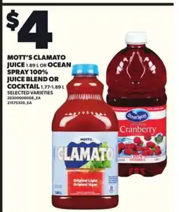 Loblaws MOTT'S CLAMATO JUICE, 1.89 L OR OCEAN SPRAY 100% JUICE BLEND OR COCKTAIL, 1.77-1.89 L offer
