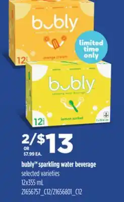 Loblaws BUBLY SPARKLING WATER BEVERAGE, 12X355ML offer