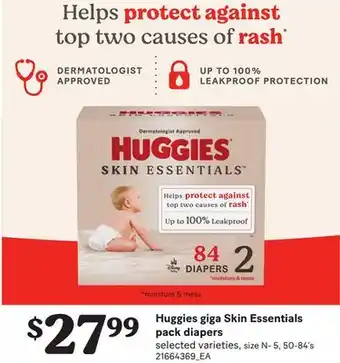 Loblaws HUGGIES GIGA SKIN ESSENTIALS PACK DIAPERS, SIZE N-5, 50-84's offer
