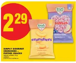 No Frills SIMPLY GOURMET CRUNCHERS or PUFFIES SNACKS, 32 g offer