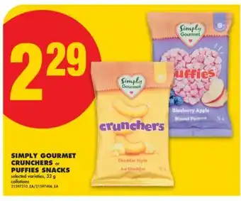 No Frills SIMPLY GOURMET CRUNCHERS or PUFFIES SNACKS, 32 g offer