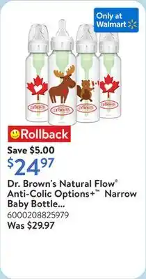 Walmart Dr. Brown's Natural Flow Anti-Colic Options+ Narrow Baby Bottle with Deco Prints, 8 oz, 4 Pack offer