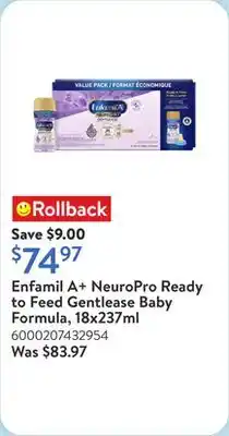 Walmart Enfamil A+ NeuroPro Ready to Feed Gentlease Baby Formula, 18x237ml offer