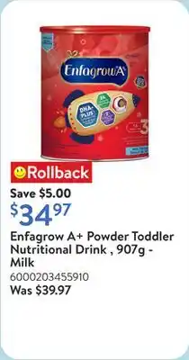 Walmart Enfagrow A+ Powder Toddler Nutritional Drink , 907g - Milk offer