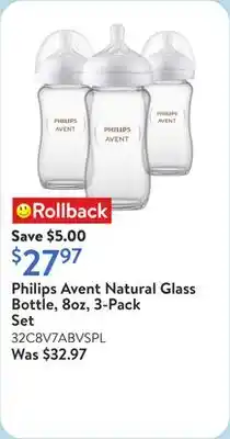 Walmart Philips Avent Natural Glass Bottle, 8oz, 3-Pack Set offer