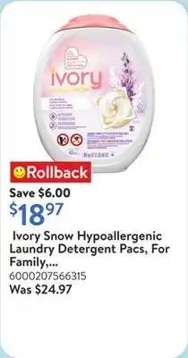 Walmart Ivory Snow Hypoallergenic Laundry Detergent Pacs, For Family, Lightly Scented, 45 count​ offer
